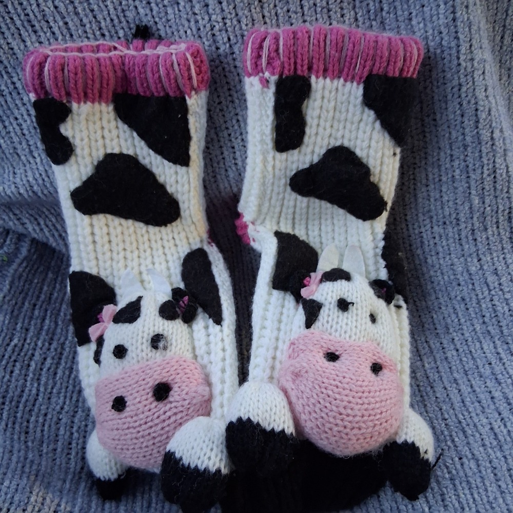 NWOT Kids Girls Knit Cow Slipper Socks 3D White Black Pink Non-Slip Grips
